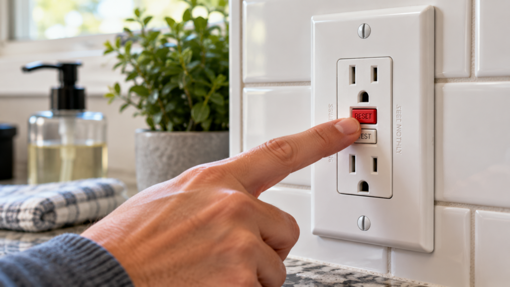 Homeowner pressing the reset button on a GFCI outlet after it trips