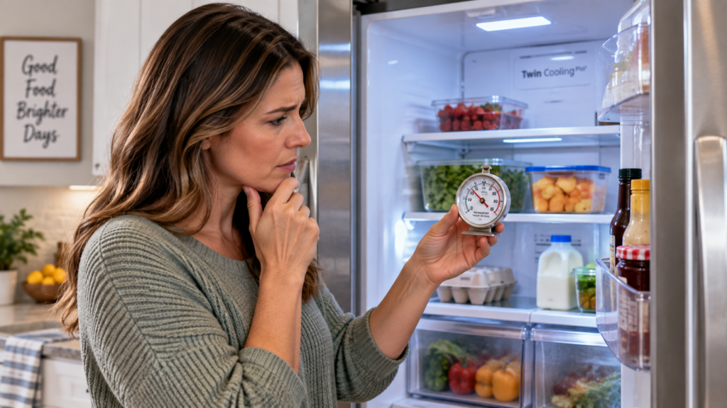Homeowner checking the temperature of a refrigerator that is not cooling properly