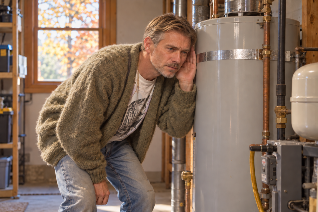 Utah homeowner listening to a tank water heater in a utility room